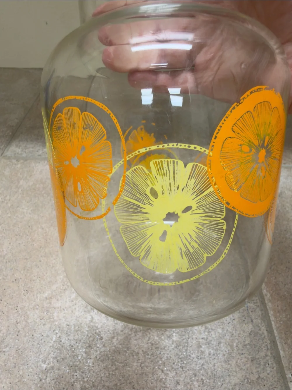 Vintage Pyrex Clear Glass Pitcher with Orange and Yellow Citrus Motif